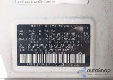 2011 Subaru Outback 2.5I Premium z USA, uszkodzony, nr VIN 4S4BRBCC3B3428450